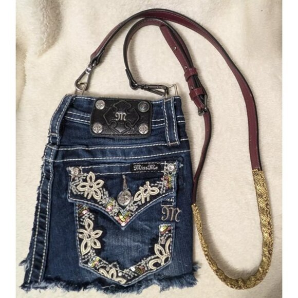Upcycled Miss Me Jeans Denim Pocket Purse Crossbody Rhinestone Bling - Picture 1 of 7